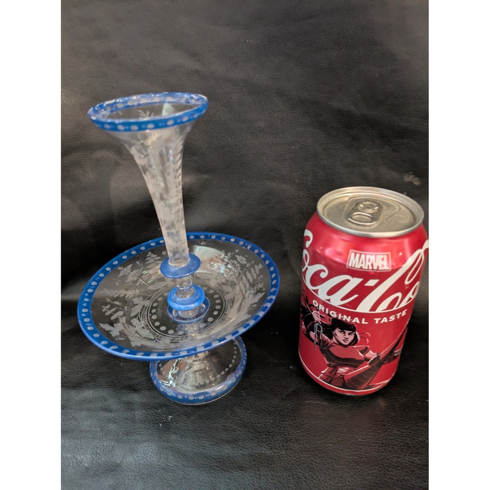 1800 Bohemian Glass Epergne Centerpiece Etched Blue Glass Centerpiece 8 In